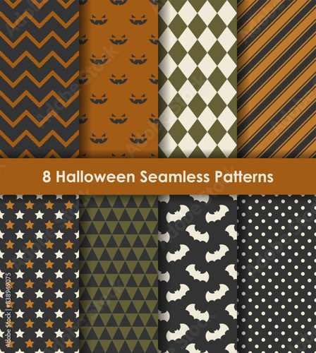 Set of 8 Halloween Seamless Patterns in modern earth tone colors. For wrapping paper, scrapbooking, fabric, background, package design, etc.