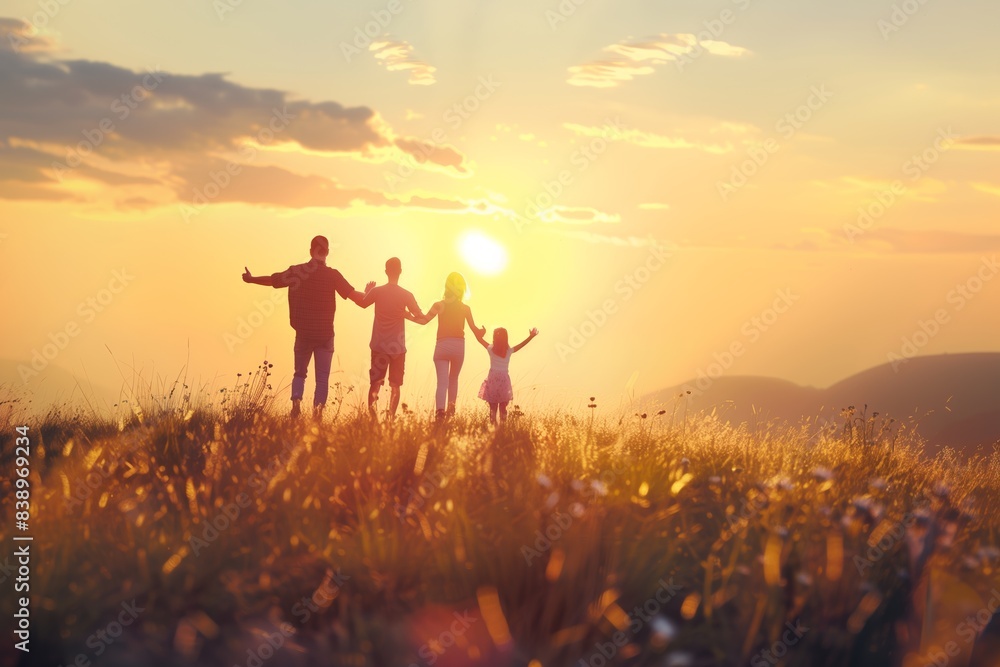 Sunset Family Portrait: Parents and Kids Enjoying Golden Hour
