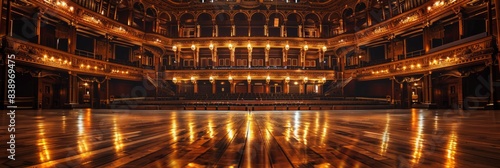 An empty concert hall stage illuminated by warm lights, awaiting the next performance. The wooden floor reflects the glow of the overhead lights, creating a warm and inviting atmosphere
