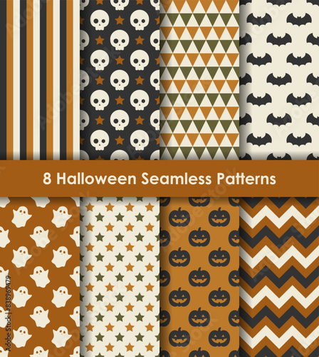 Set of 8 Halloween Seamless Patterns in modern earth tone colors. For wrapping paper, scrapbooking, fabric, background, package design, etc.