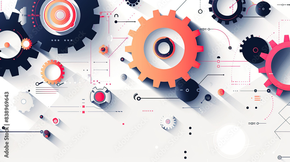 abstract vector illustration of gears and tech elements on a white background, with a pink abstract vector illustration of gears and tech elements on a white background, with a pink