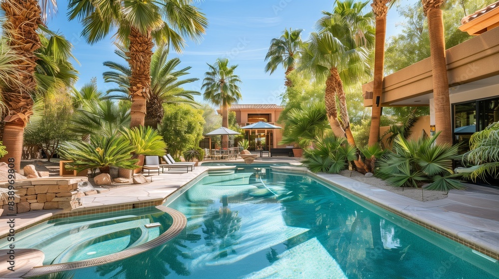 A secluded desert oasis with lush palm trees and a shimmering blue swimming pool. A secluded desert oasis with lush palm trees and a shimmering blue swimming pool.