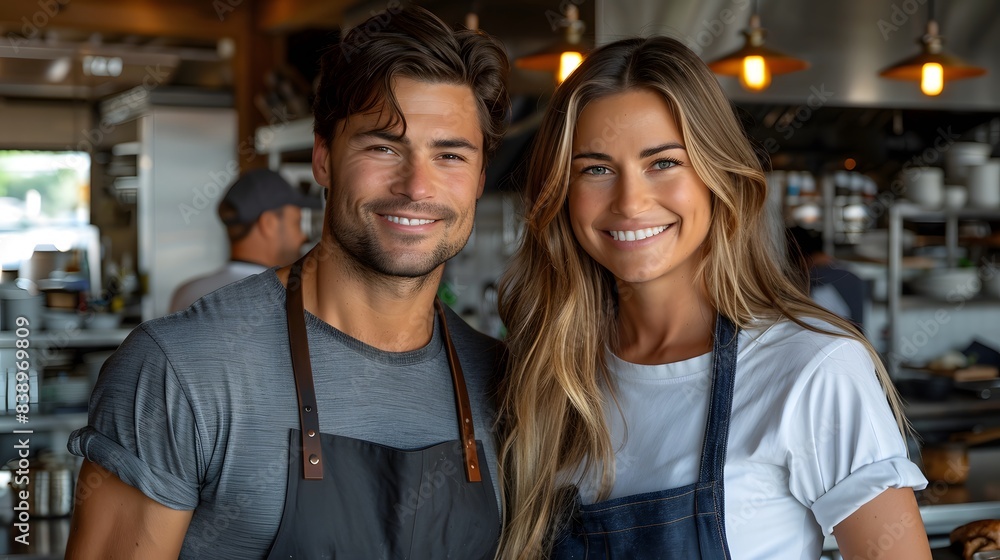 Smiling young couple in aprons standing together in a bustling restaurant kitchen, showcasing teamwork and culinary passion. Smiling young couple in aprons standing together in a bustling restaurant kitchen, showcasing teamwork and culinary passion.