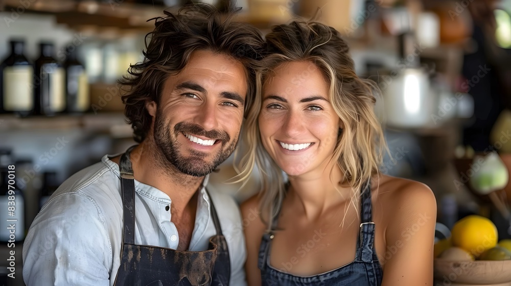 A cheerful young couple in casual attire smiling warmly at the camera in a cozy, rustic setting filled with organic products. A cheerful young couple in casual attire smiling warmly at the camera in a cozy, rustic setting filled with organic products.