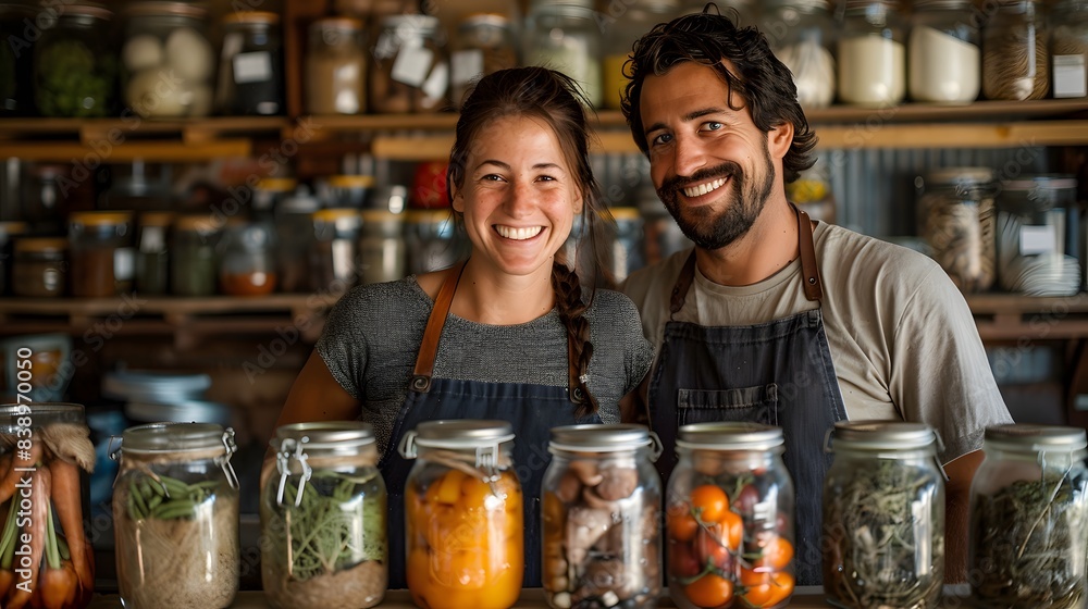 Smiling man and woman in aprons standing behind a counter with various preserved foods in jars, inside a cozy store or kitchen. Smiling man and woman in aprons standing behind a counter with various preserved foods in jars, inside a cozy store or kitchen.