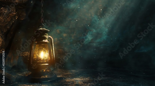 Old Lantern Emitting Soft, Enchanting Magic Light in a dark room, illuminating ancient artifacts