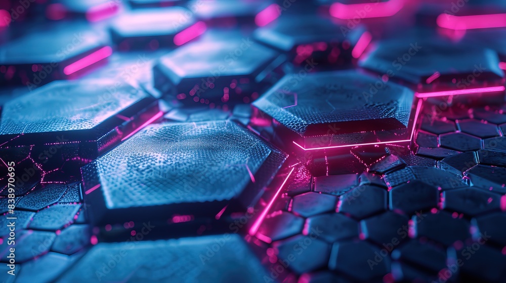 Blue hexagonal tiles with glowing pink edges, virtual screen technology Blue hexagonal tiles with glowing pink edges, virtual screen technology