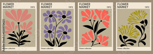 Set of abstract Flower Market posters. Trendy botanical wall arts with floral design in bright colors. Modern naive funky interior decorations. Vector art illustration