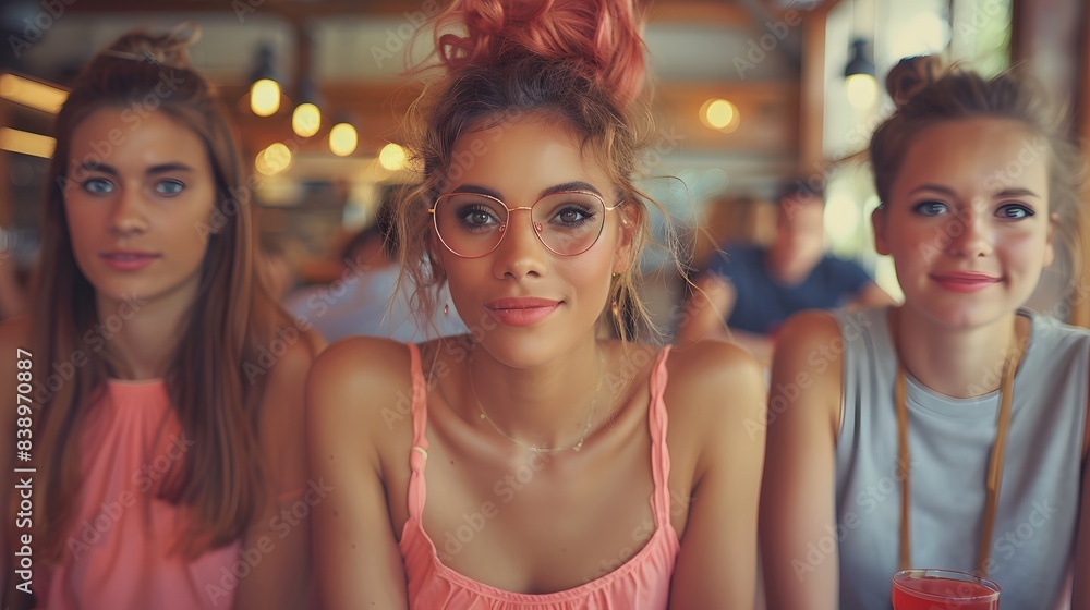 Three young women in a stylish cafe, smiling and enjoying their time together. Warm lighting and trendy outfits highlight the modern and friendly atmosphere. Three young women in a stylish cafe, smiling and enjoying their time together. Warm lighting and trendy outfits highlight the modern and friendly atmosphere.