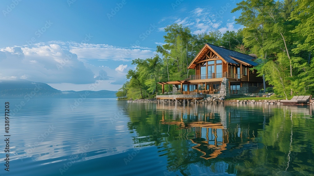 Obraz premium A serene lakeside resort with elegant cabins and kayaks for exploring the calm waters.