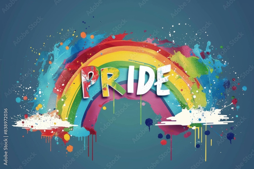 Vibrant pride rainbow with paint splashes on blue background, emphasizing inclusivity, unity, and celebration in an artistic, colorful design. Vibrant pride rainbow with paint splashes on blue background, emphasizing inclusivity, unity, and celebration in an artistic, colorful design.