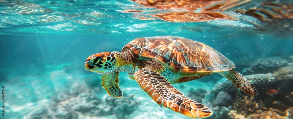 Fototapeta premium A majestic sea turtle gracefully glides through the crystal clear waters