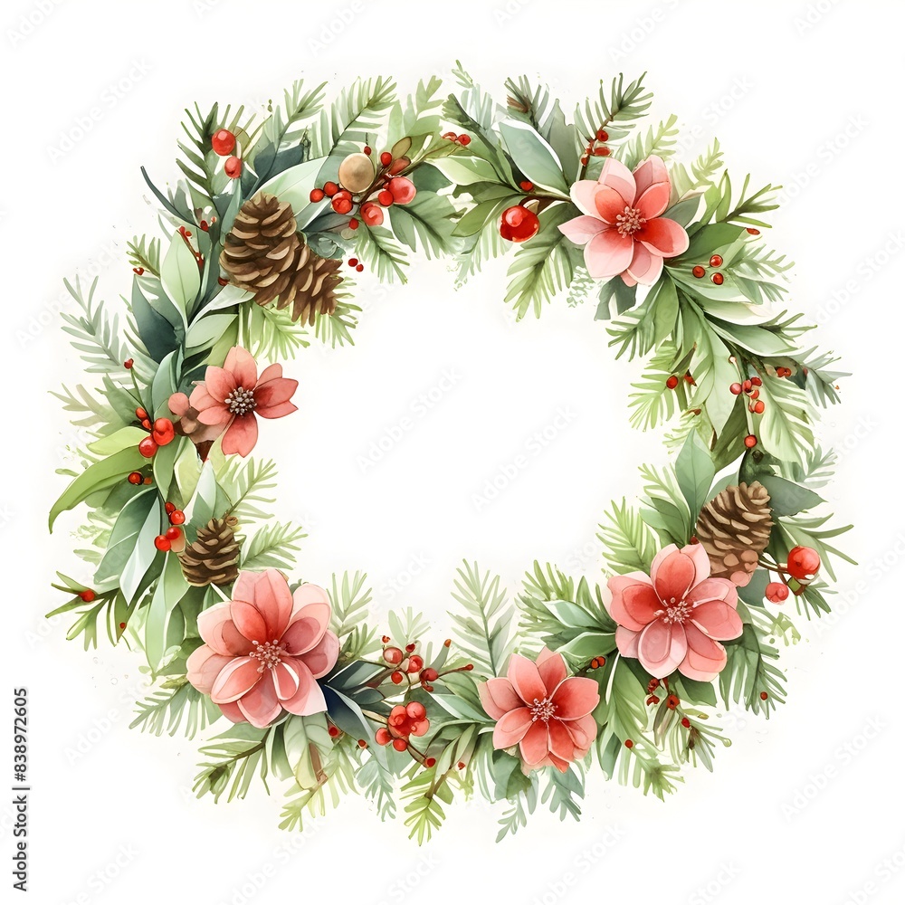 Fototapeta premium Watercolor Winter Christmas Flower Leaves Wreath