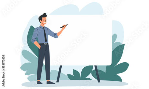 Flat vector illustration. A man in a strict suit is standing in front of a banner, holding a tablet and saying something, pointing with a finger . Vector illustration
