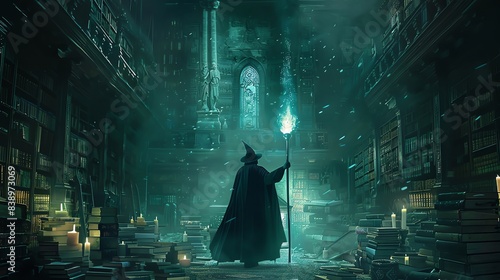 Wise Magic Wizard Holding a Glowing Staff in an ancient library, surrounded by books and magical artifacts