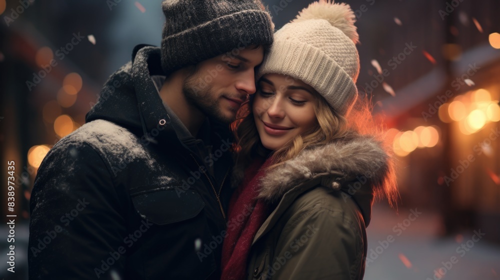 Romantic Winter Couple Embracing in Snowy City Evening Romantic Winter Couple Embracing in Snowy City Evening
