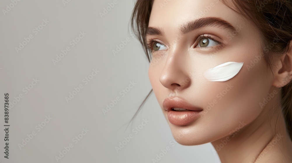 Fototapeta premium Portrait of a beautiful woman elegantly advertising cosmetics, with a subtle application of cosmetic cream on her cheek. Natural, healthy skin radiance