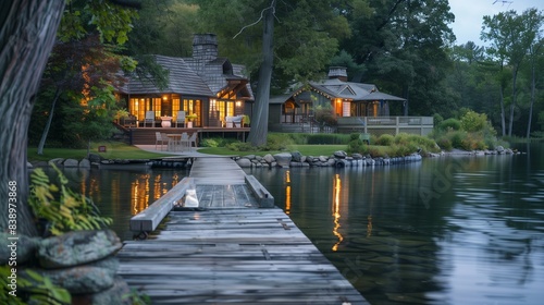 A tranquil lakeside retreat with elegant cottages and a wooden dock stretching into calm waters.