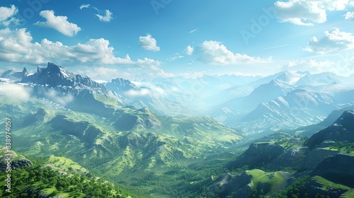 Ecological Environment Protection Promotion Natural Landscape Poster Background Material, Green Mountains Under Blue Sky and White Clouds 