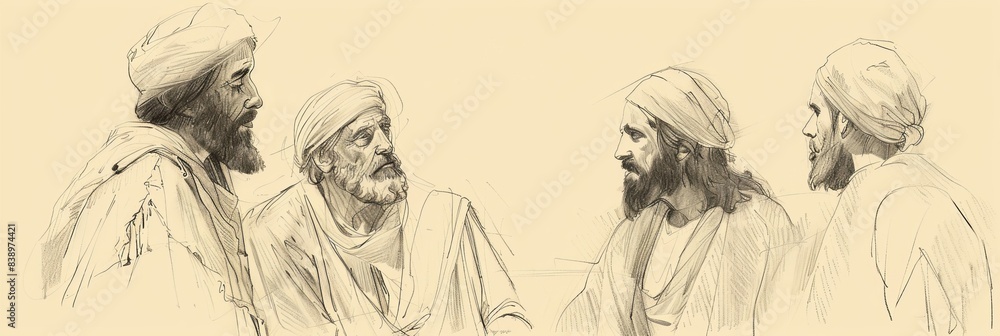 Obraz premium Jesus' Interaction with the Pharisees, Biblical Illustration of Teaching and Wisdom, Ideal for Educational and Devotional Use,Christian banner