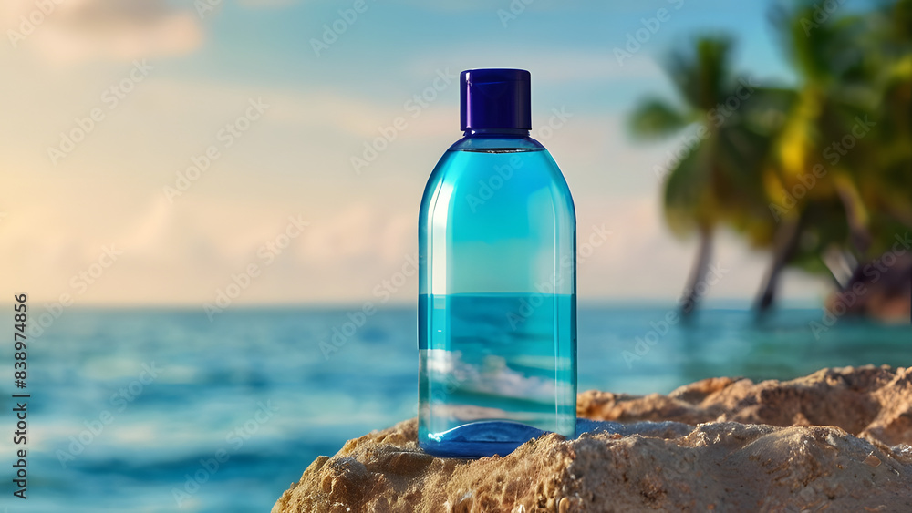 Cosmetic product bottle stands on mineral stone background, sea, beach palm trees Cosmetic product bottle stands on mineral stone background, sea, beach palm trees