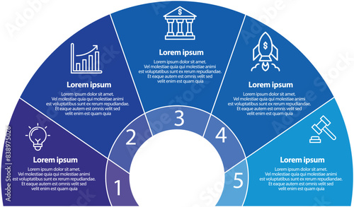Collection of vector circle chart infographic templates for presentations, advertising, layouts, annual reports. 5 options, steps, parts