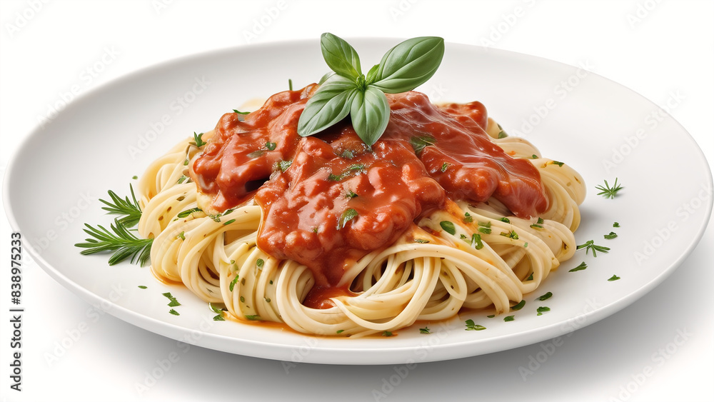 Pasta with herbs an sauce on plate closeup isolated on white background Pasta with herbs an sauce on plate closeup isolated on white background