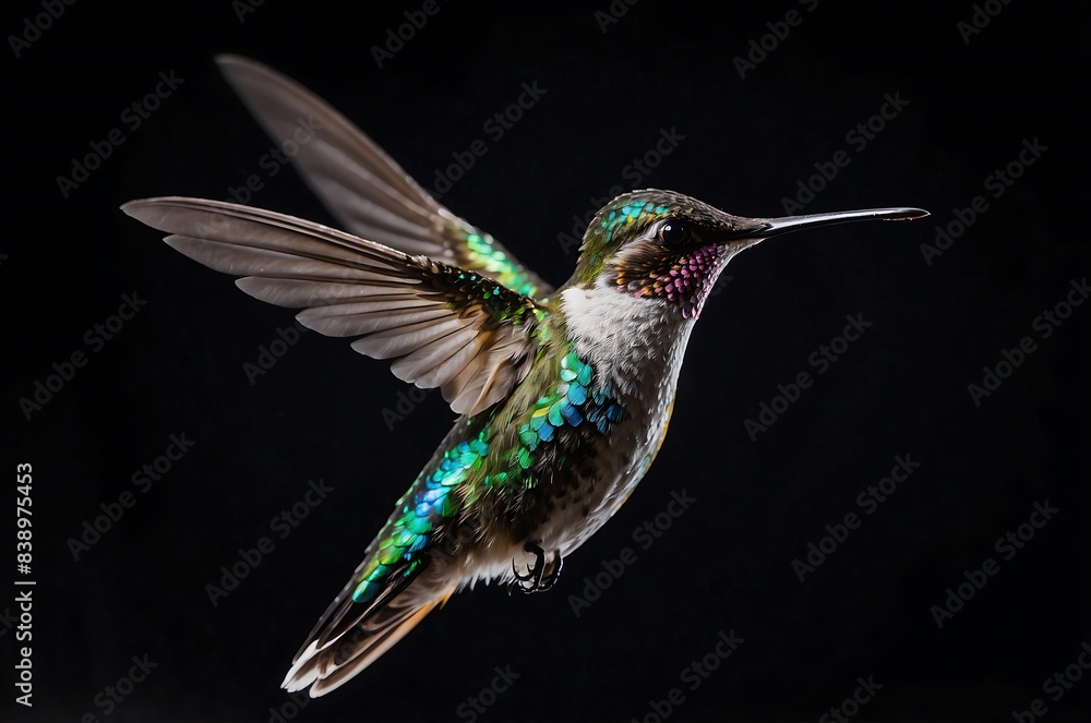 Fototapeta premium Iridescent Hummingbird in Flight Against Black Background