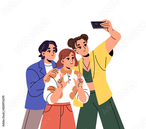 Happy people photography together. Friends smile, posing, gesturing with peace sign to taking joint selfie photo. Teenagers do self picture with phone. Flat isolated vector illustration on white
