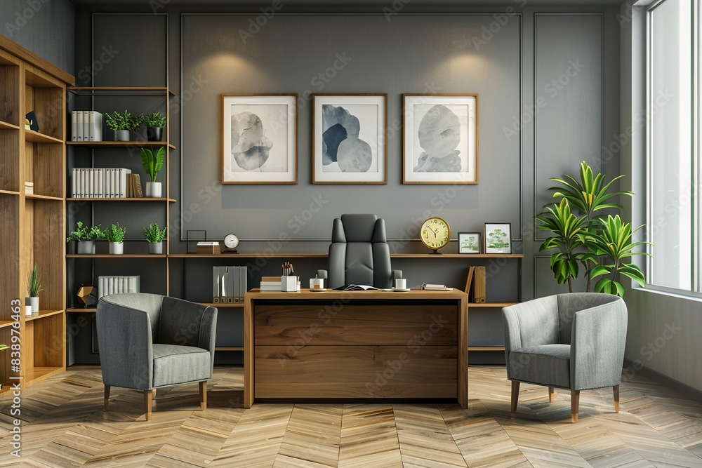 Businessman office with desk, professional armchair, chairs for clients, shelves, clock, green plant and two pictures on the wall in the background, generative ai