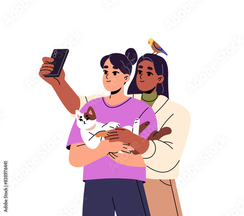 Happy girls with cat, parrot taking joint photo by phone. Lesbian couple cuddles, posing with pets for selfie. Friends photography together. Flat isolated vector illustration on white background
