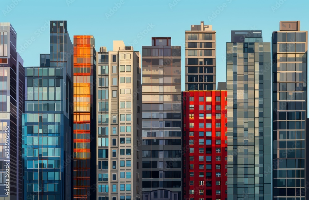 Warm sunrise light reflected on the facades of contemporary city buildings Warm sunrise light reflected on the facades of contemporary city buildings