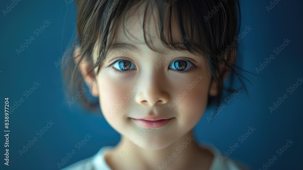 Expressive Blue-Eyed Child with a Soft Smile on a Blue Background Expressive Blue-Eyed Child with a Soft Smile on a Blue Background