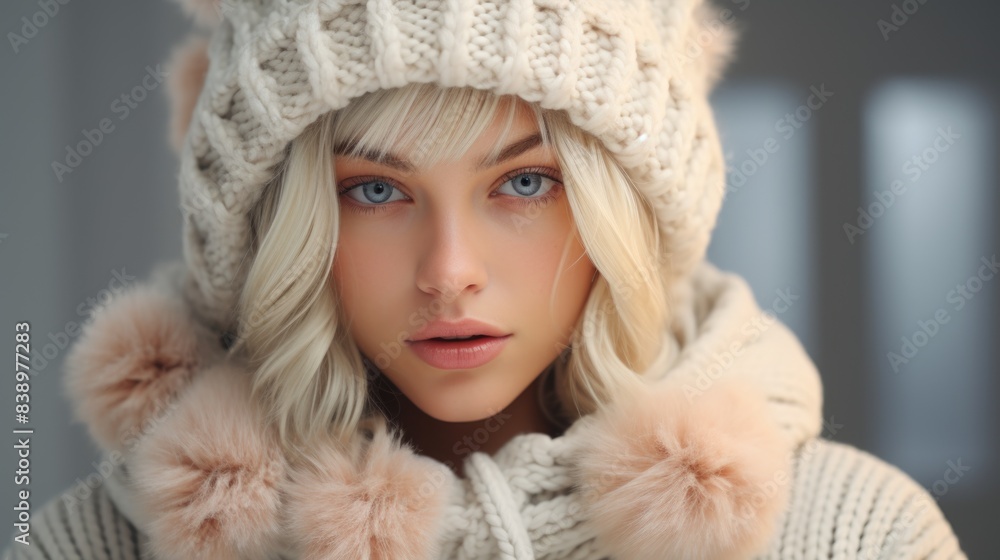 Stunning Young Woman in Chic Knitwear and Winter Hat Stunning Young Woman in Chic Knitwear and Winter Hat