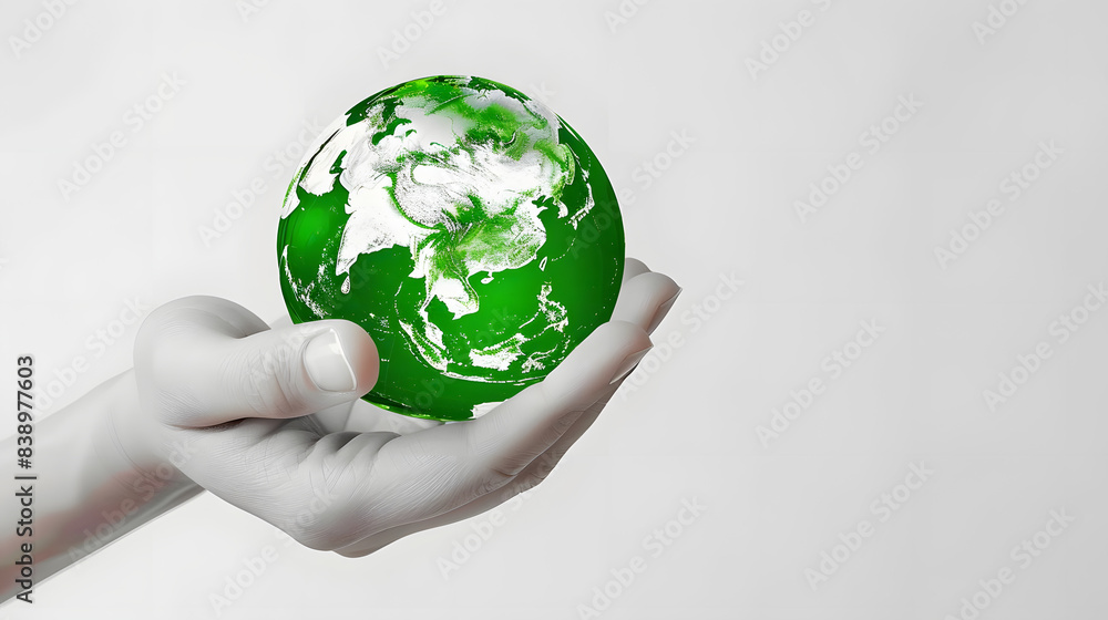 hand holding a globe with green continents. concept world environmental protection. generative ai hand holding a globe with green continents. concept world environmental protection. generative ai