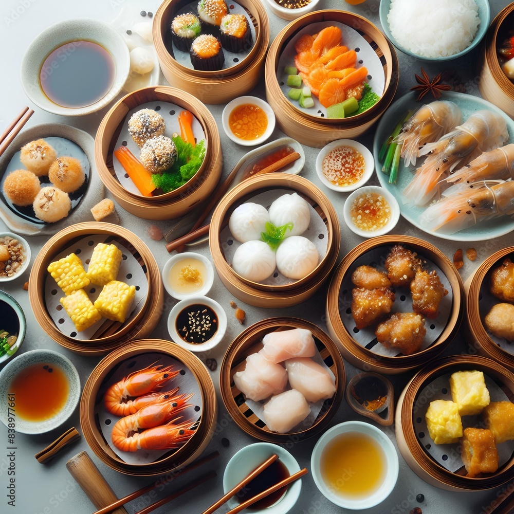 Dim sum food with many asian dishes. Dim sum food with many asian dishes.