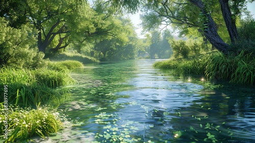Ecological Environment Protection Promotion Natural Scenery Poster Background Material, Clear Rivers and Vegetation on Banks 