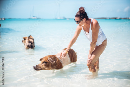 Obraz na płótnie Woman petting pig, swimming in sea on Pig Beach, Exuma, Bahamas, Caribbean w salonie