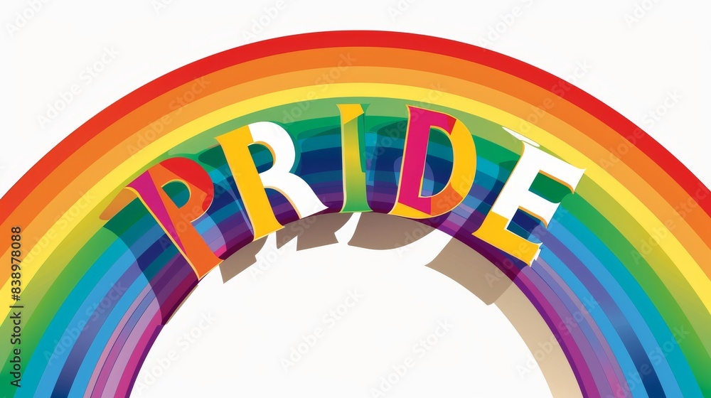 Fototapeta premium Vibrant pride rainbow with fluffy clouds and blue sky, symbolizing inclusivity, unity, and celebration in a cheerful, whimsical illustration.