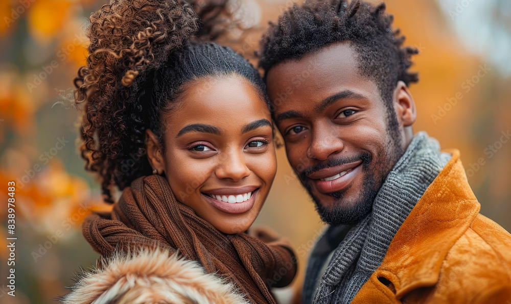 Young African American Couple Cuddling in Autumn Park, Celebrating Love and Togetherness, Happy Smiles and Cozy Moments Amid Fall Foliage, Outdoor Romantic Date, Warm Clothing and Scenic Orange Leaves Young African American Couple Cuddling in Autumn Park, Celebrating Love and Togetherness, Happy Smiles and Cozy Moments Amid Fall Foliage, Outdoor Romantic Date, Warm Clothing and Scenic Orange Leaves
