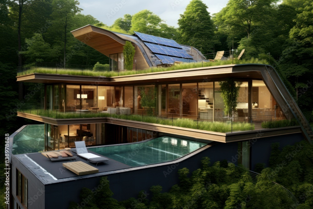 Sustainable luxury home with solar panels and natural green roof, nestled in tranquil woods Sustainable luxury home with solar panels and natural green roof, nestled in tranquil woods