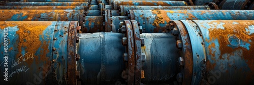 A closeup of several large industrial pipelines, showing significant signs of rust and corrosion. The pipelines are arranged in a row, with the flanges and bolts clearly visible
