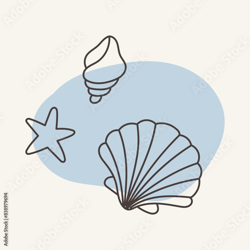 Shell and starfish icon. Hand drawn vector outline illustration.