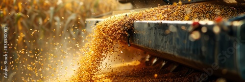 A combine harvester unloads a truck with golden corn seeds during harvest season photo