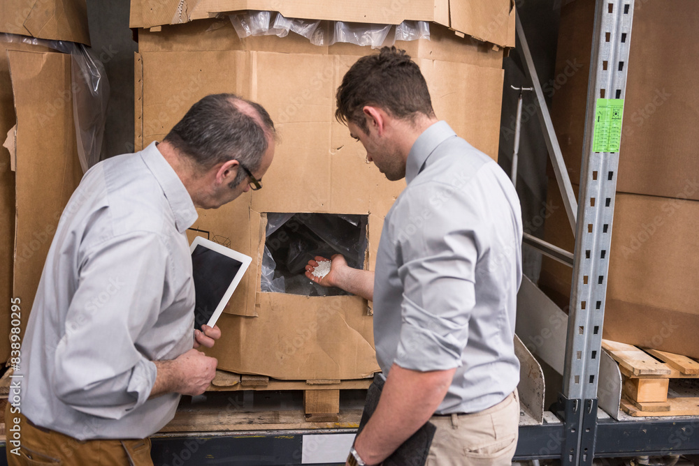 Two men examining product in factory warehouse Two men examining product in factory warehouse