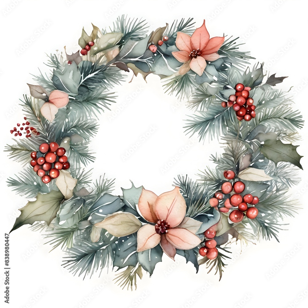 Fototapeta premium Watercolor Winter Christmas Flower Leaves Wreath