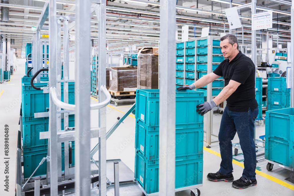 Man at tugger train organising boxes in industrial hall Man at tugger train organising boxes in industrial hall