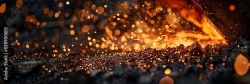 A close-up of a blacksmith hammering a piece of metal, creating a shower of fiery sparks photo