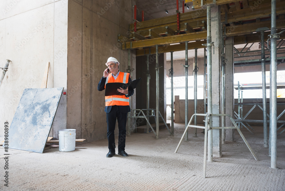 Man on the phone wearing safety vest in building under construction Man on the phone wearing safety vest in building under construction