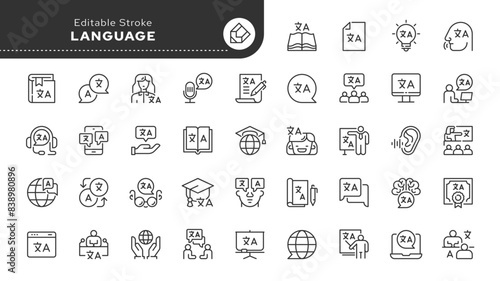 Language - series. Set of line icons in linear style. Language translation and skills, speech, writing, linguistics, translator. Outline icon collection. Conceptual web pictogram.